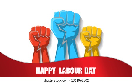 Happy labour day vector label with strong orange fist isolated on white horizontal background. vector happy labor day horizontal background or banner with man hand. red workers may day poster 