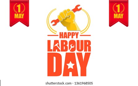 Happy labour day vector label with strong orange fist isolated on white horizontal background. vector happy labor day horizontal background or banner with man hand. red workers may day poster 