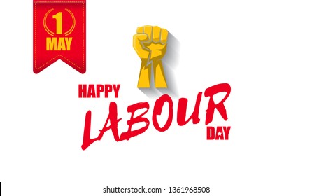 Happy labour day vector label with strong orange fist isolated on white horizontal background. vector happy labor day horizontal background or banner with man hand. red workers may day poster 