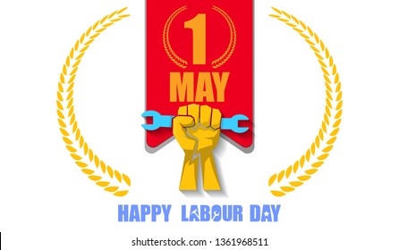 Happy labour day vector label with strong orange fist isolated on white horizontal background. vector happy labor day horizontal background or banner with man hand. red workers may day poster 