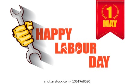 Happy labour day vector label with strong orange fist isolated on white horizontal background. vector happy labor day horizontal background or banner with man hand. red workers may day poster 