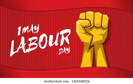 Happy labour day vector label with strong orange fist isolated on red horizontal background. vector happy labor day background or horizontal 
 banner with man hand. red workers may day poster 
