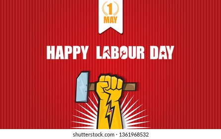 Happy labour day vector label with strong orange fist isolated on red horizontal background. vector happy labor day background or horizontal 
 banner with man hand. red workers may day poster 