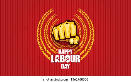 Happy labour day vector label with strong orange fist isolated on red horizontal background. vector happy labor day background or horizontal 
 banner with man hand. red workers may day poster 