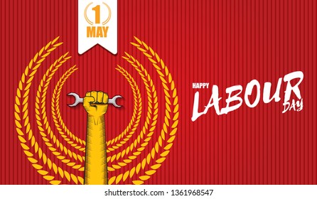 Happy labour day vector label with strong orange fist isolated on red horizontal background. vector happy labor day background or horizontal 
 banner with man hand. red workers may day poster 