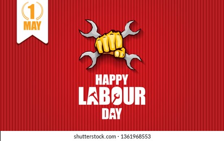 Happy labour day vector label with strong orange fist isolated on red horizontal background. vector happy labor day background or horizontal 
 banner with man hand. red workers may day poster 