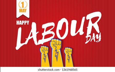 Happy labour day vector label with strong orange fist isolated on red horizontal background. vector happy labor day background or horizontal 
 banner with man hand. red workers may day poster 