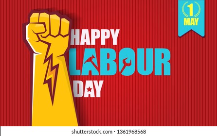 Happy labour day vector label with strong orange fist isolated on red horizontal background. vector happy labor day background or horizontal 
 banner with man hand. red workers may day poster 