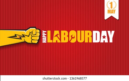 Happy labour day vector label with strong orange fist isolated on red horizontal background. vector happy labor day background or horizontal 
 banner with man hand. red workers may day poster 