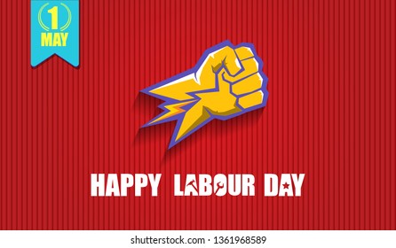 Happy labour day vector label with strong orange fist isolated on red horizontal background. vector happy labor day background or horizontal 
 banner with man hand. red workers may day poster 