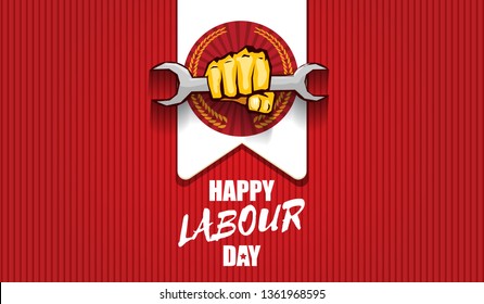 Happy labour day vector label with strong orange fist isolated on red horizontal background. vector happy labor day background or horizontal 
 banner with man hand. red workers may day poster 