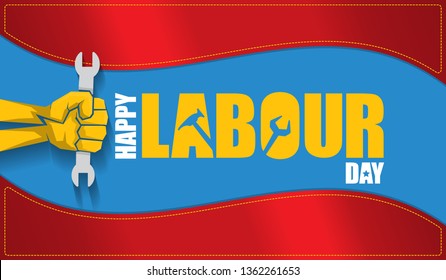 Happy labour day vector label with strong orange fist isolated on blue horizontal background. vector happy labor day background or horizontal banner with man hand. red workers may day poster