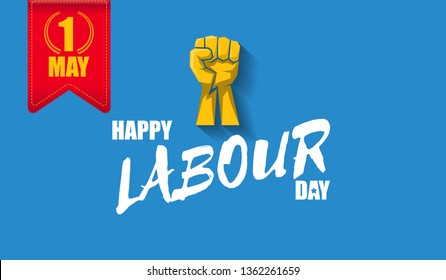 Happy labour day vector label with strong orange fist isolated on blue horizontal background. vector happy labor day background or horizontal banner with man hand. red workers may day poster