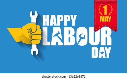 Happy labour day vector label with strong orange fist isolated on blue horizontal background. vector happy labor day background or horizontal banner with man hand. red workers may day poster