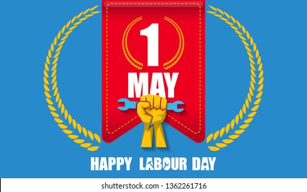 Happy labour day vector label with strong orange fist isolated on blue horizontal background. vector happy labor day background or horizontal banner with man hand. red workers may day poster