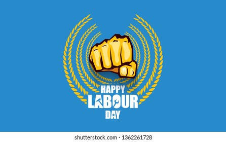 Happy labour day vector label with strong orange fist isolated on blue horizontal background. vector happy labor day background or horizontal banner with man hand. red workers may day poster