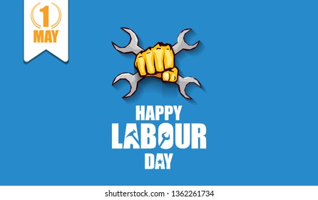 Happy labour day vector label with strong orange fist isolated on blue horizontal background. vector happy labor day background or horizontal banner with man hand. red workers may day poster