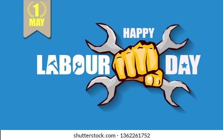 Happy labour day vector label with strong orange fist isolated on blue horizontal background. vector happy labor day background or horizontal banner with man hand. red workers may day poster