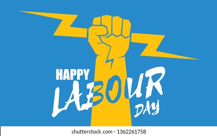 Happy labour day vector label with strong orange fist isolated on blue horizontal background. vector happy labor day background or horizontal banner with man hand. red workers may day poster
