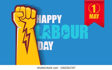Happy labour day vector label with strong orange fist isolated on blue horizontal background. vector happy labor day background or horizontal banner with man hand. red workers may day poster