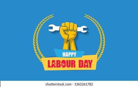 Happy labour day vector label with strong orange fist isolated on blue horizontal background. vector happy labor day background or horizontal banner with man hand. red workers may day poster