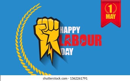 Happy labour day vector label with strong orange fist isolated on blue horizontal background. vector happy labor day background or horizontal banner with man hand. red workers may day poster