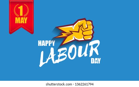 Happy labour day vector label with strong orange fist isolated on blue horizontal background. vector happy labor day background or horizontal banner with man hand. red workers may day poster