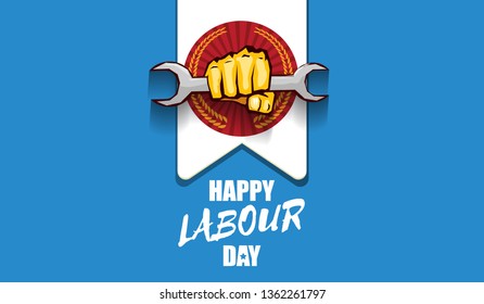 Happy labour day vector label with strong orange fist isolated on blue horizontal background. vector happy labor day background or horizontal banner with man hand. red workers may day poster