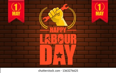 Happy labour day vector label with strong orange fist isolated on red brick wall horizontal background. vector happy labor day background or horizontal banner with man hand. red workers may day poster