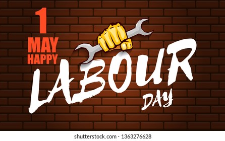 Happy labour day vector label with strong orange fist isolated on red brick wall horizontal background. vector happy labor day background or horizontal banner with man hand. red workers may day poster