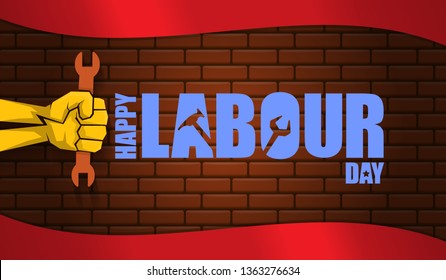Happy labour day vector label with strong orange fist isolated on red brick wall horizontal background. vector happy labor day background or horizontal banner with man hand. red workers may day poster