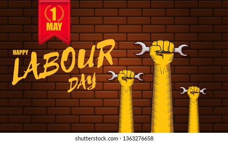 Happy labour day vector label with strong orange fist isolated on red brick wall horizontal background. vector happy labor day background or horizontal banner with man hand. red workers may day poster
