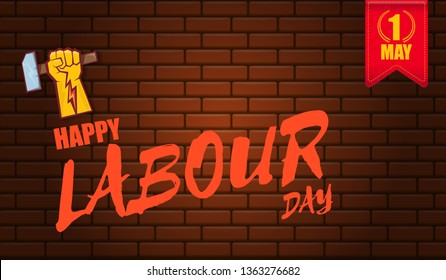 Happy labour day vector label with strong orange fist isolated on red brick wall horizontal background. vector happy labor day background or horizontal banner with man hand. red workers may day poster
