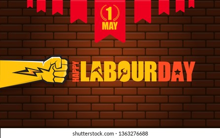 Happy labour day vector label with strong orange fist isolated on red brick wall horizontal background. vector happy labor day background or horizontal banner with man hand. red workers may day poster