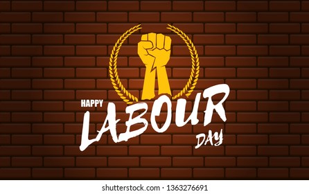 Happy labour day vector label with strong orange fist isolated on red brick wall horizontal background. vector happy labor day background or horizontal banner with man hand. red workers may day poster