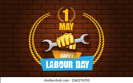 Happy labour day vector label with strong orange fist isolated on red brick wall horizontal background. vector happy labor day background or horizontal banner with man hand. red workers may day poster