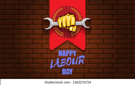 Happy labour day vector label with strong orange fist isolated on red brick wall horizontal background. vector happy labor day background or horizontal banner with man hand. red workers may day poster