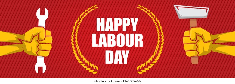 Happy labour day vector label with strong orange fist isolated on red horizontal background. vector happy labor day background or horizontal banner with man hand. red workers may day poster