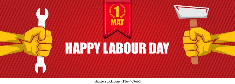 Happy labour day vector label with strong orange fist isolated on red horizontal background. vector happy labor day background or horizontal banner with man hand. red workers may day poster