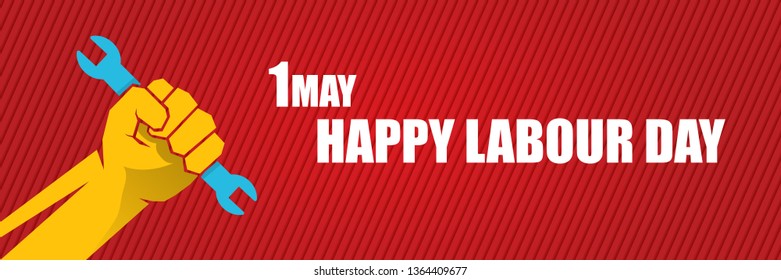 Happy labour day vector label with strong orange fist isolated on red horizontal background. vector happy labor day background or horizontal banner with man hand. red workers may day poster