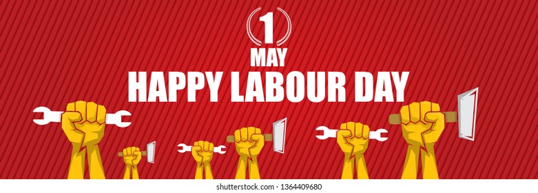 Happy labour day vector label with strong orange fist isolated on red horizontal background. vector happy labor day background or horizontal banner with man hand. red workers may day poster