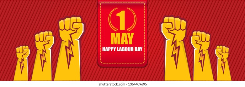 Happy labour day vector label with strong orange fist isolated on red horizontal background. vector happy labor day background or horizontal banner with man hand. red workers may day poster