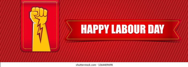 Happy labour day vector label with strong orange fist isolated on red horizontal background. vector happy labor day background or horizontal banner with man hand. red workers may day poster