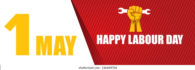 Happy labour day vector label with strong orange fist isolated on red horizontal background. vector happy labor day background or horizontal banner with man hand. red workers may day poster