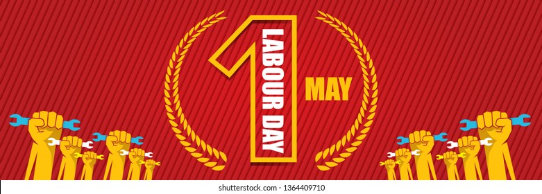 Happy labour day vector label with strong orange fist isolated on red horizontal background. vector happy labor day background or horizontal banner with man hand. red workers may day poster