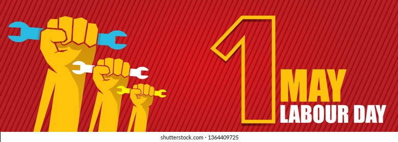 Happy labour day vector label with strong orange fist isolated on red horizontal background. vector happy labor day background or horizontal banner with man hand. red workers may day poster