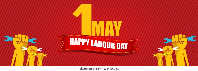 Happy labour day vector label with strong orange fist isolated on red horizontal background. vector happy labor day background or horizontal banner with man hand. red workers may day poster
