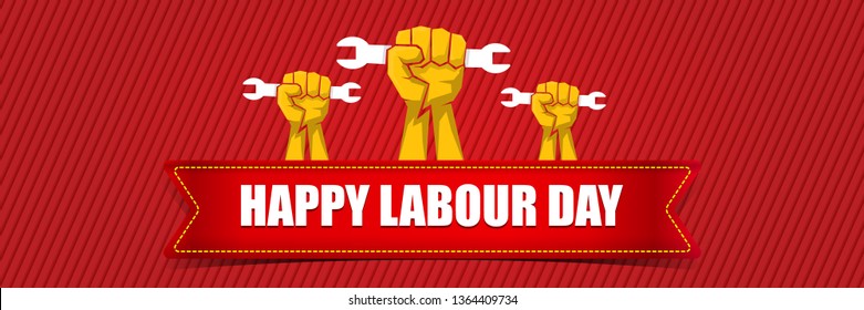 Happy labour day vector label with strong orange fist isolated on red horizontal background. vector happy labor day background or horizontal banner with man hand. red workers may day poster