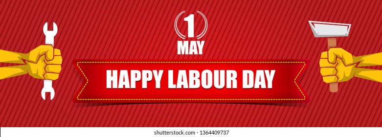 Happy labour day vector label with strong orange fist isolated on red horizontal background. vector happy labor day background or horizontal banner with man hand. red workers may day poster
