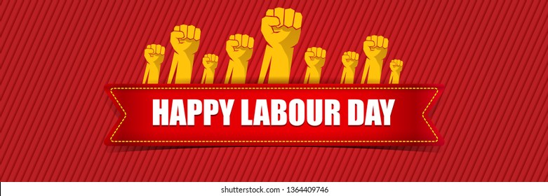 Happy labour day vector label with strong orange fist isolated on red horizontal background. vector happy labor day background or horizontal banner with man hand. red workers may day poster